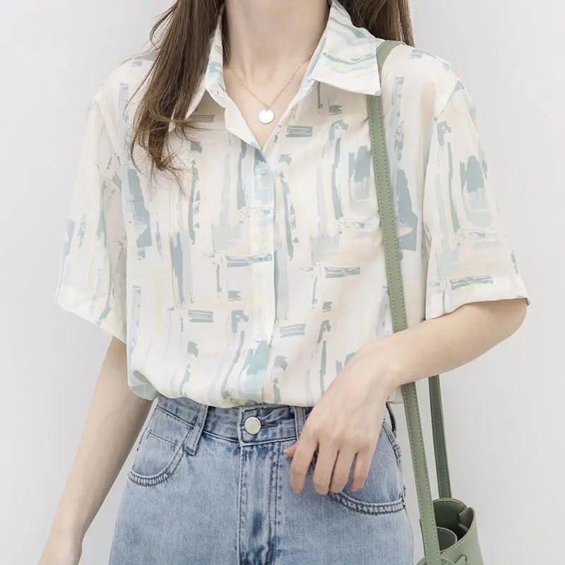 

Летняя Новинка, рубашка Shui с принтом чернил, Женские Ретро свободные солнцезащитные рубашки с коротким рукавом, женские модные тонкие повсе...