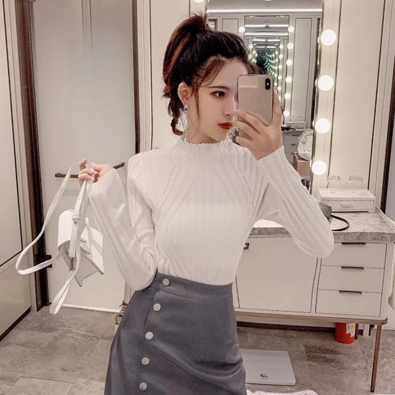 Женский вязаный свитер черный облегающий в Корейском стиле Осень-зима 2019 |