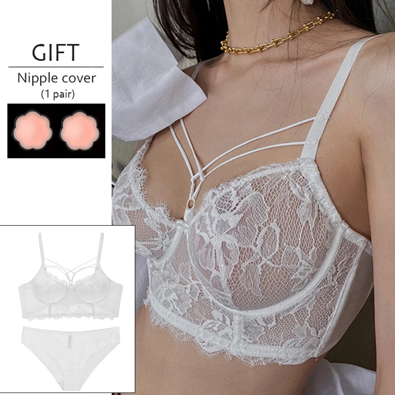 2 sets Sexy Transparent Underwear Women Plus Size Bandage Embroidery Lace Bra And Panty Set Lingerie Plus Size White Blue Black