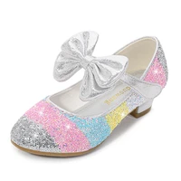 girls leather shoes princess shoes children bowknot shoes round toe soft sole big girls high heel crystal flats single shoes
