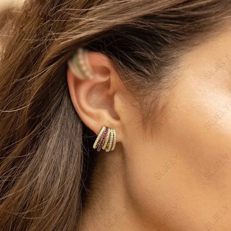 

Fashion Brand 925Sterling Silver Jewelry Gold Color Yellow White and Red Burgundy Cubic Zirconia Five Circles Earrings For Women