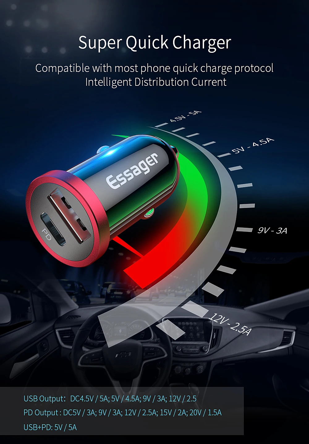 Автомобильное зарядное устройство Essager Quick Charge 4,0 3,0 USB для мобильного телефона iPhone Xiaomi 5A SCP QC4.0 QC3.0 QC type C PD автомобильное быстрое USB зарядное устройство