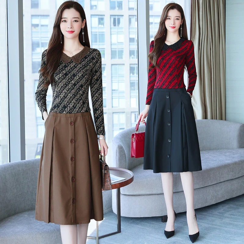 

Women's Spring and Autumn New Style Fashion Slim Fit Mock Two-Piece Long Sleeve Printed Peter Pan Collar Dress