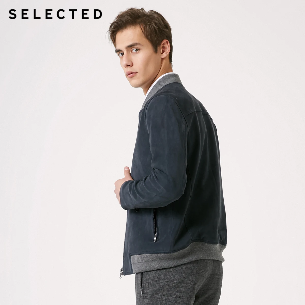 SELECTED Men's Spring Sheep Wool Leather Jacket Baseball Collar Business Casual Coat S | 419110509