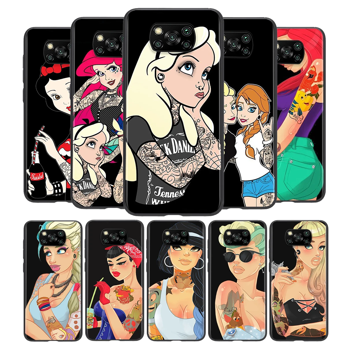 

For Xiaomi Civi Play Mix 3 A2 A1 6X 5X Poco X3 NFC F3 GT M3 M2 X2 F2 Pro C3 F1 Black Tattoo Princess Soft Phone Case