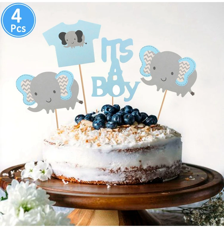 Детский душ торт кекс топперы BabyShower сувениры украшения, товары для вечеринки Его мальчик девочка синий игра слон Oh Baby