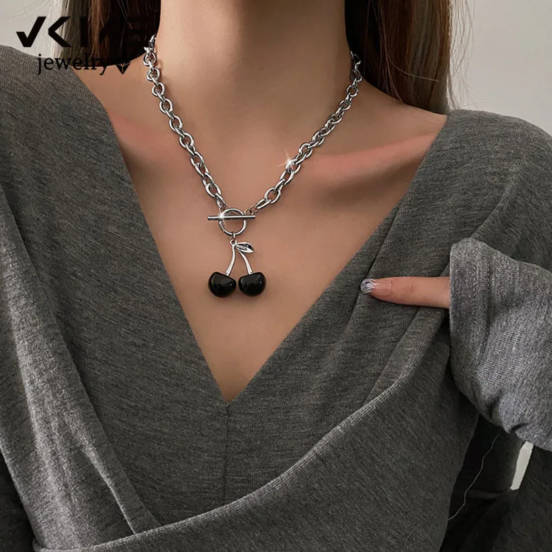 

VKIME Black Cherry Necklace Female Fashion Design Pendant Clavicle Chain New 2020
