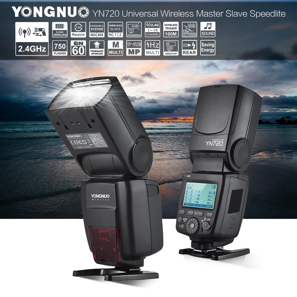 

YN720 Flash Speedlite Wireless Flash Master Slave Speedlite GN60 LCD Display LITHIUM Battery for Canon Nikon DSLR Camera