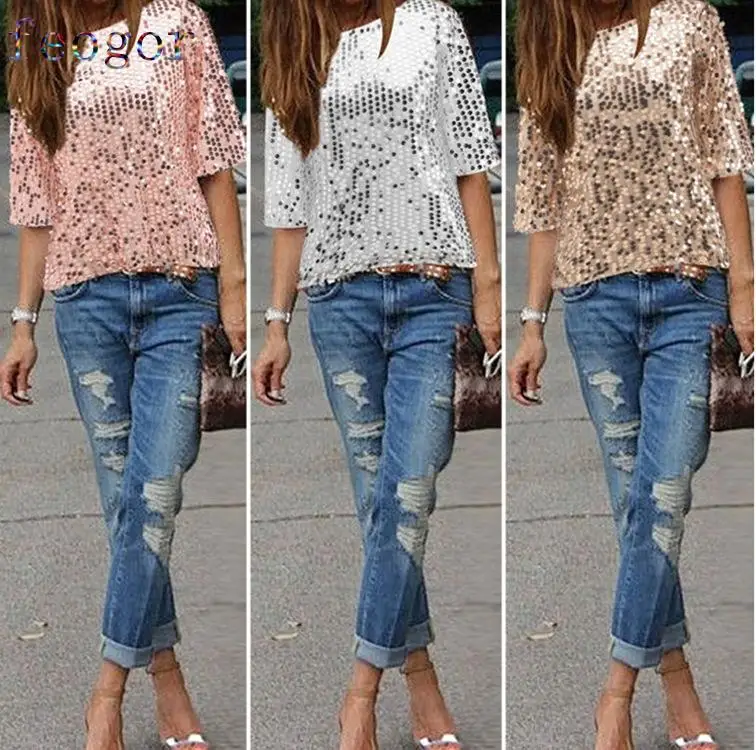 

FEOGOR Summer casual women's clothing 2021 summer casual women's sexy lace sexy strapless sequin fashion T-shirt top Shirt