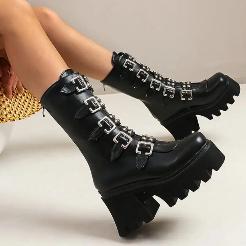 

CoolCept Winter Gothic Punk Womens Platform Boots Black Buckle Strap zipper Creeper Wedges Shoes woman footwear Mid Calf Boots