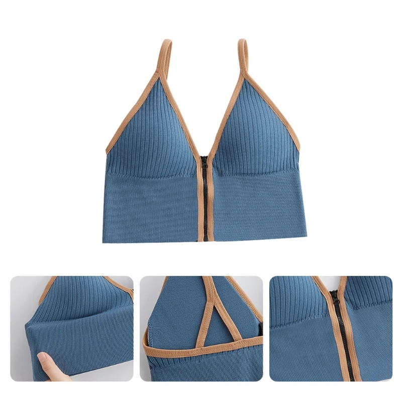 

Women Sexy Deep V-Neck Zipper Front Camisole Contrast Color Trim Backless Tank Top Spaghetti Strap Ribbed Sports Bralette M6CD