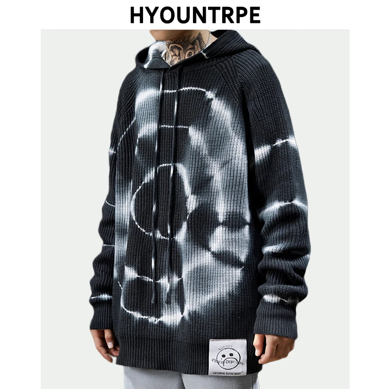 Дизайнерский окрашенный свитер с капюшоном мужской вязаный пуловер
