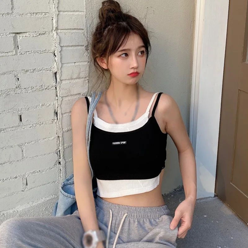 

Patchwork Tank Top Women's Sports Short Contrast Color Top Fake Two Pieces Vest Knitted External Wear Camisole