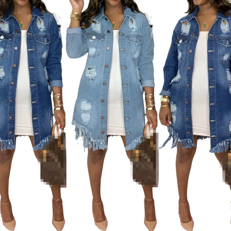 

Женская джинсовая куртка с бахромой, однотонная винтажная куртка большого размера, весна 2021