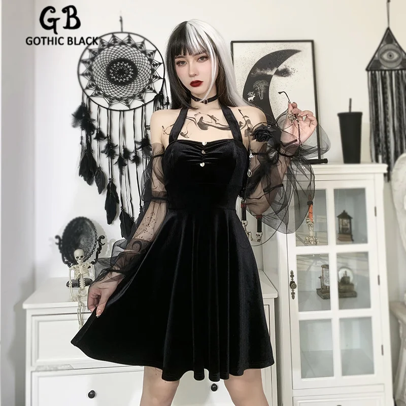 

Gothblack Sexy Elegant Mesh Long Sleeve Off Strapless Party Dress Women Loose Halter Mini Dress Summer Fashion Solid Chic Dress