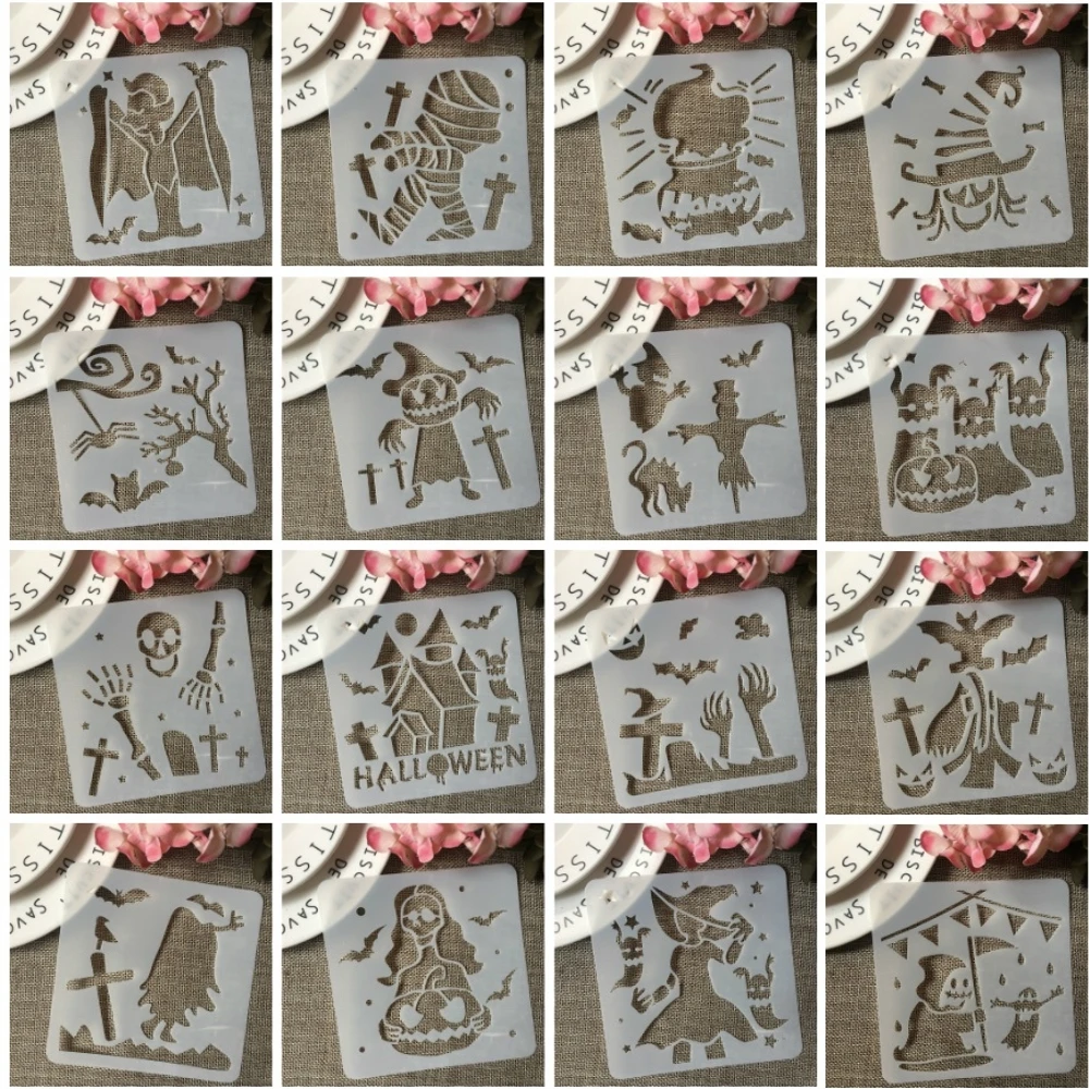 

16Pcs/Set 13cm Halloween Ghost Witch Skull DIY Layering Stencils Painting Scrapbook Coloring Embossing Album Decorative Template
