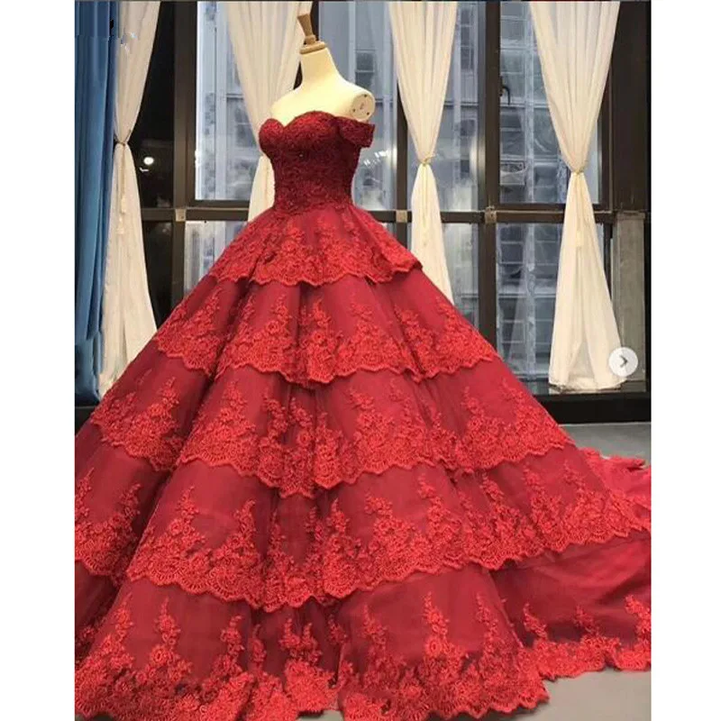 New Arrival Red Ball Gown Prom Dresses Off the Shoulder Tiered Long Train Bridal Dress Sweetheart Burgundy Engagement Gowns