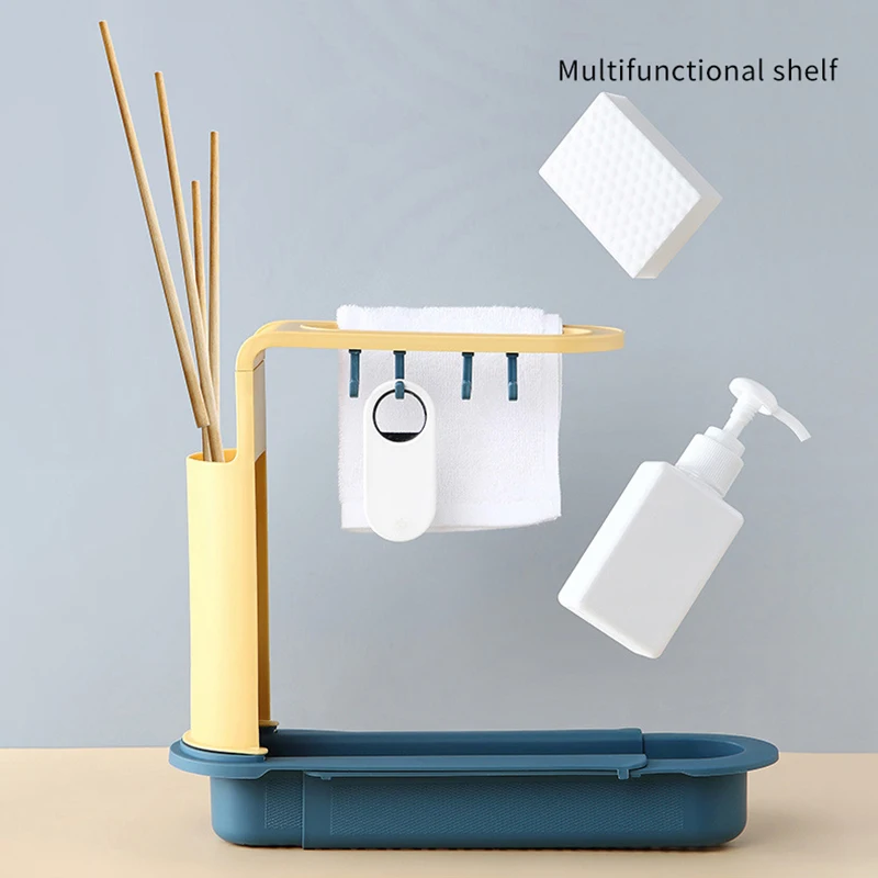 

Hollow-out Drain Storage Rack Telescopic Sink Shelf Adjustable Detachable Sink Holder Sponge Organizer with Hooks for Kitchen
