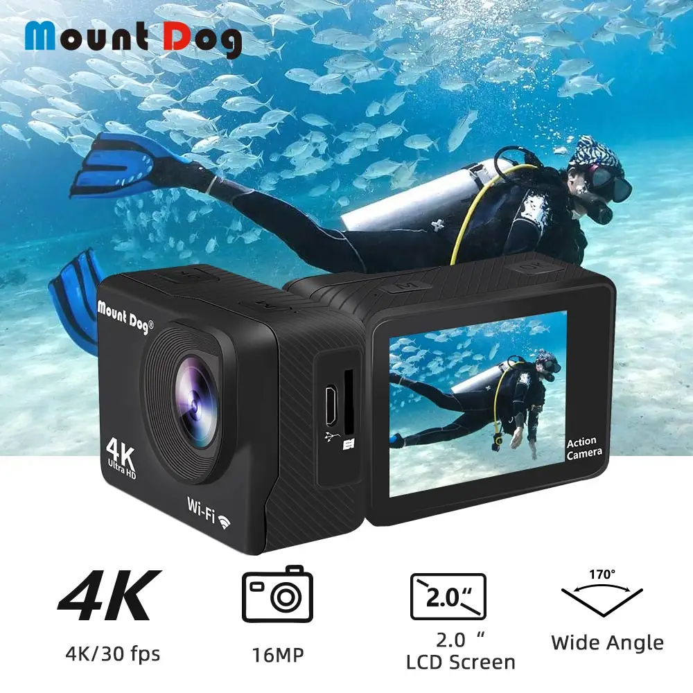 Водонепроницаемая Экшн-камера Mount Dog Ultra HD 4K с Wi-Fi дистанционным управлением, спортивные видео, восстанавливающие Подводные камеры
