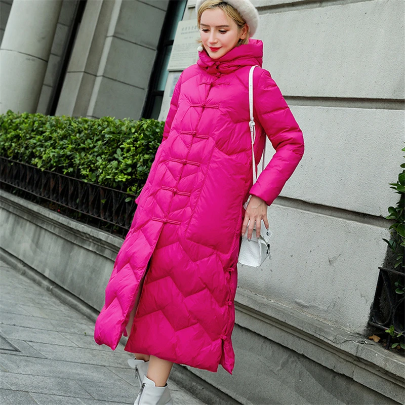 Женский длинный пуховик в китайском стиле свободная прямая парка на белом утином
