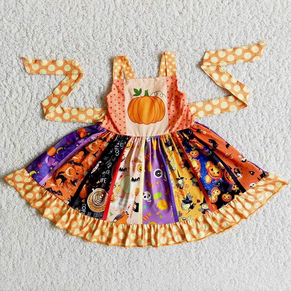 

Wholesale/retail pumpkin dress baby girls fashion boutique strap sleeveless dresses kids summer halloween children's clothing