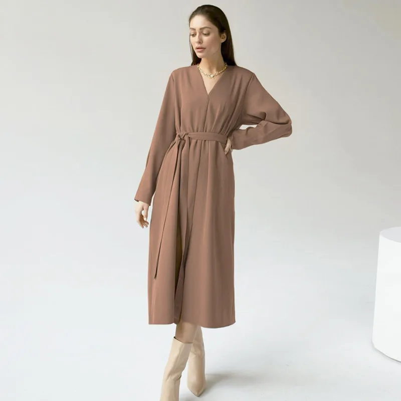 

Elegant Long Sleeve Dress Women Casual Loose V-neck Spring Loose-fitting Dresses Solid Female Fashion Simple Vintage Long Dress