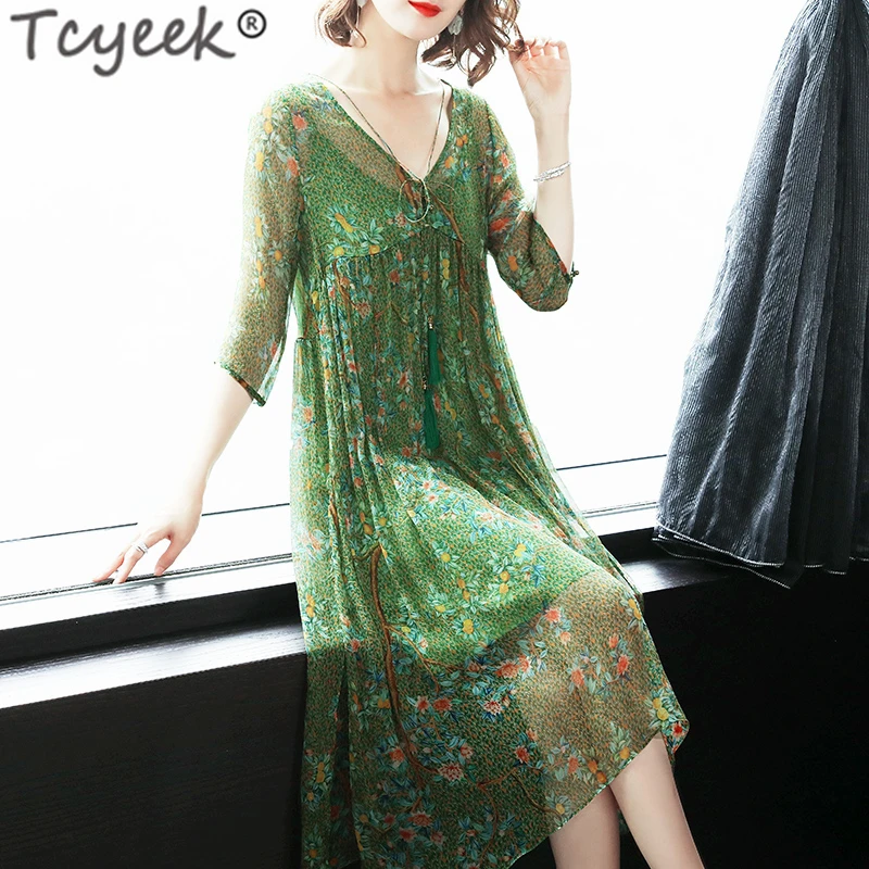 

Tcyeek Summer Dress 100% Real Silk Dress Women Clothes 2020 Boho Floral Midi Dresses + Shirt Elegant Ladies V Neck Vestidos 8739
