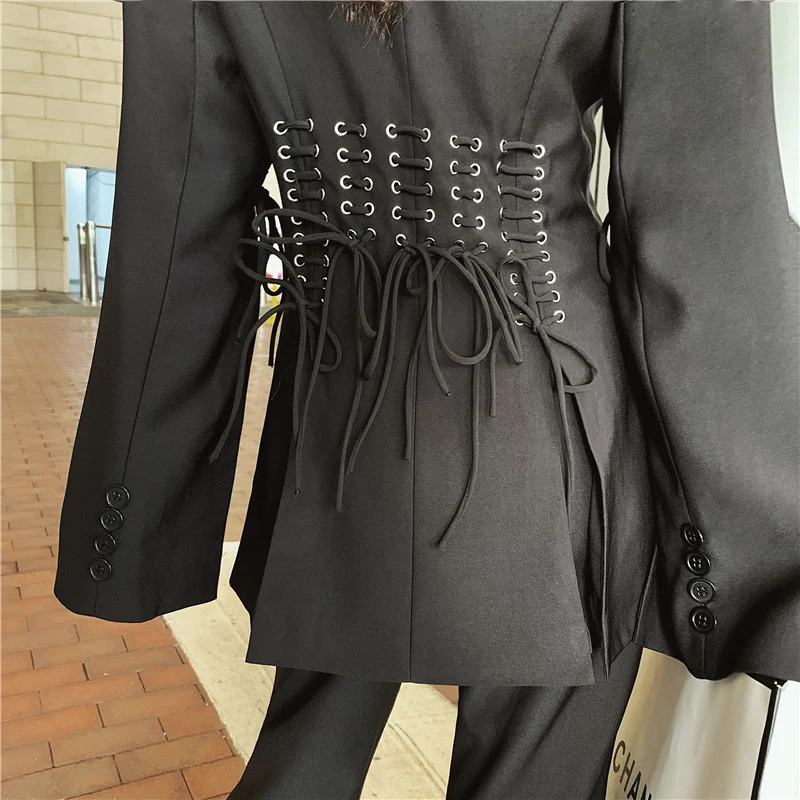 

Women Black Bandage Vent Stitch Blazer Lapel Long Sleeve Loose Fit Jacket Fashion Veste Femme Spring Autumn 2021 High Quality