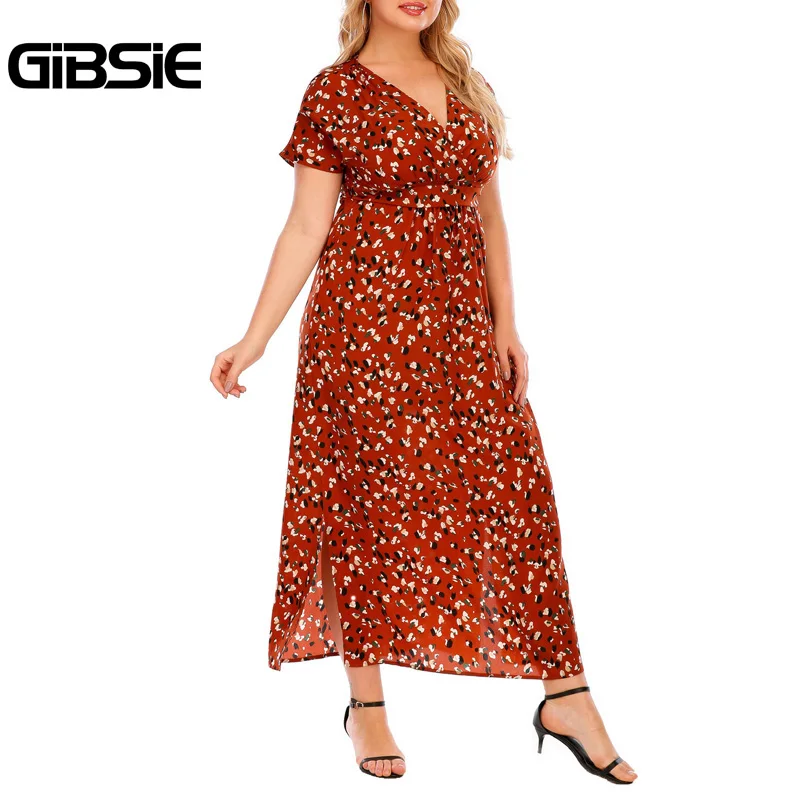 GIBSIE верхняя часть шеи поясом принт Разделение длинное платье для женщин летние