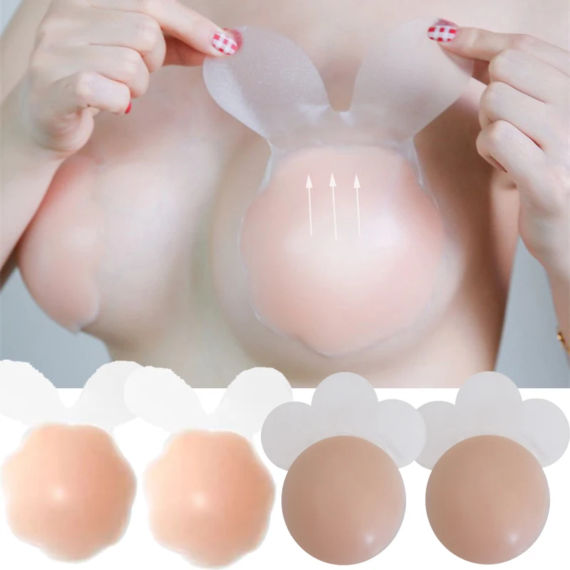 

Women Breast Petals Reusable Lift Nipple Cover Rabbit Invisible Breast Cover Sexy Backless Bra Push Up Adhesive Silicone Bra