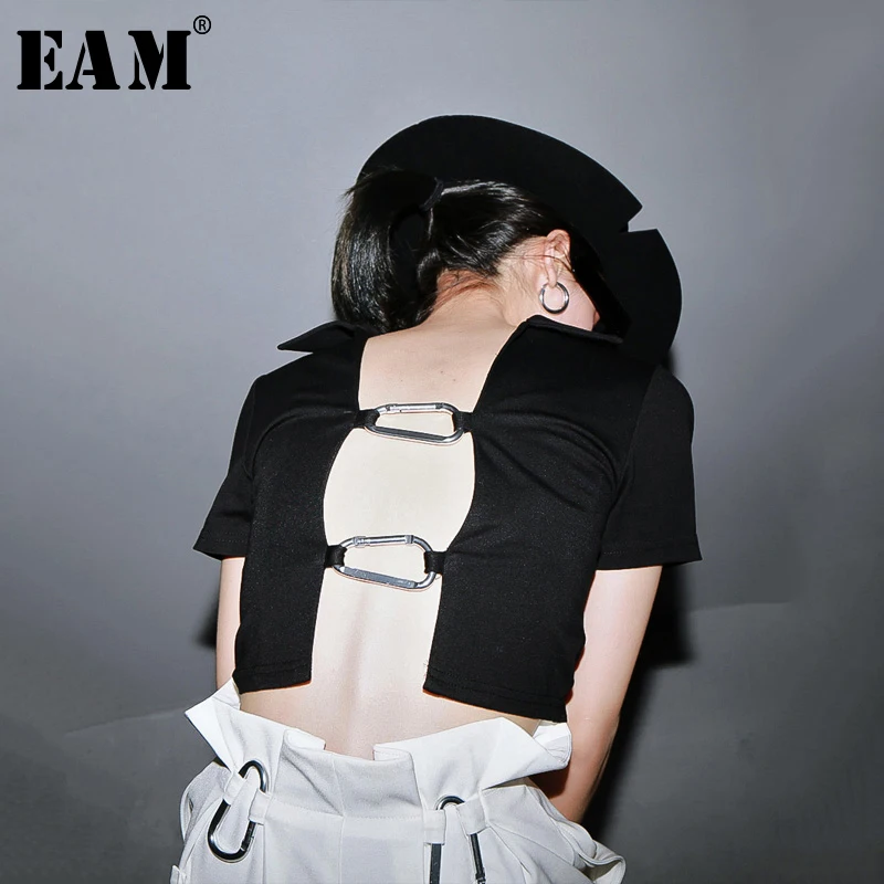 [EAM] Женская Черная открытая короткая блузка с пряжкой новая свободная рубашка v