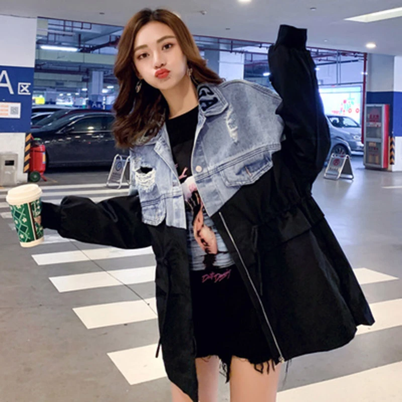 Женская джинсовая ветровка на завязках повседневное Свободное пальто