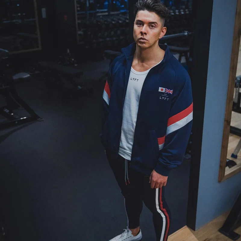 

LYFT Muscle Brothers Autumn New Sports Fitness Leisure Cotton Elastic Zipper Cardigan Hooded Printed Sweater Tide