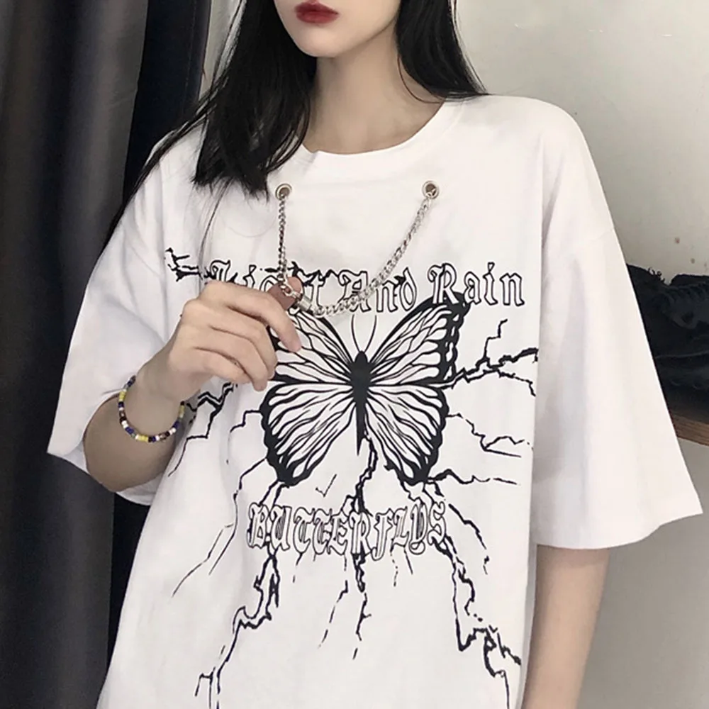 

Summer New High Street Solid Color Chain Butterfly Printing T-Shirt 2021 Fashion Trend Simple Casual Summer Round Neck