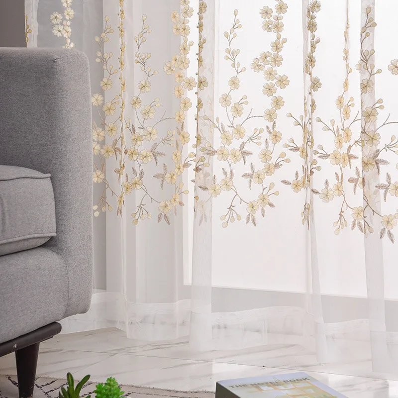 

Modern and Simple Flat Embroidered Window Curtains, Small Leaves and White Gauze, Living Room Balcony Bedroom Gauze