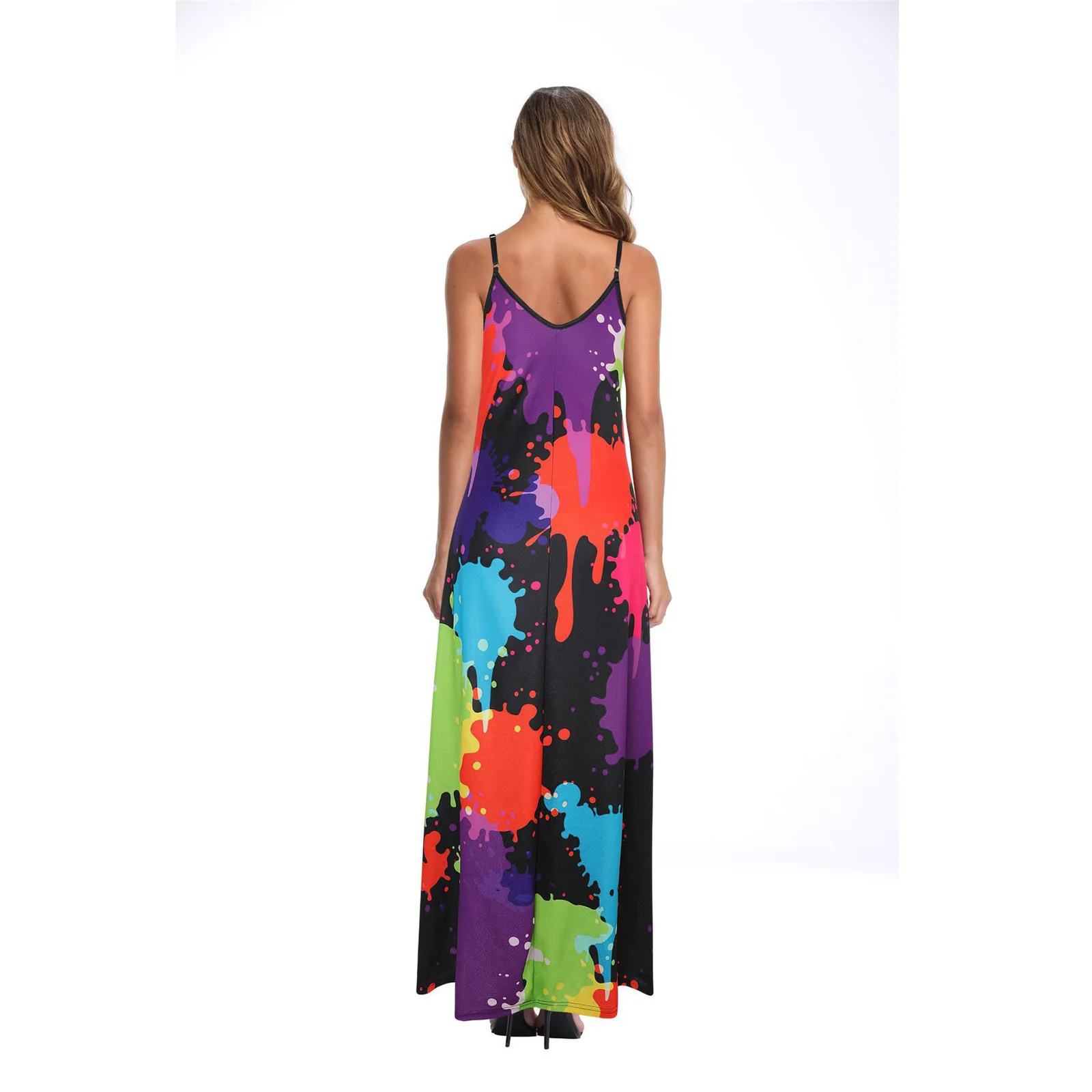 

40# Plus Size Long Strap Dress Women Summer V-neck Sleeveless Patchwork Print Dresses For Women 2021 Holiday Loose Robe Femme