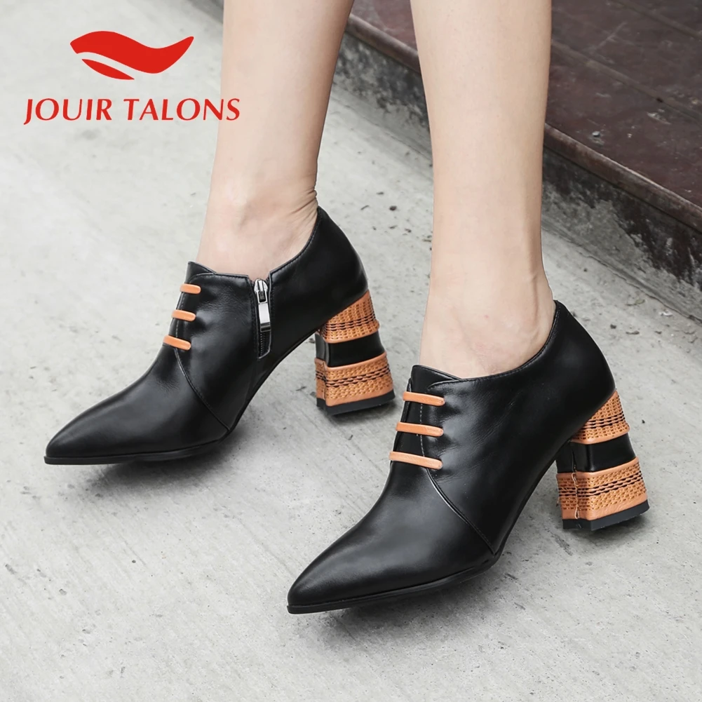 

JOUIR TALONS 2020 hot sale Genuine leather women boots Platform square heels pointed toe zip Spring/Autumn Woman shoes