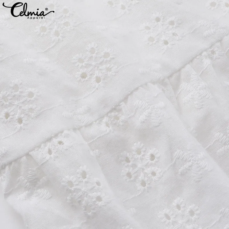 Celmia Elegant Cotton Embroidery Women's Dress Ruffled Korean White Dress New Sexy V-neck Hollow Party Vesridos Plus Size