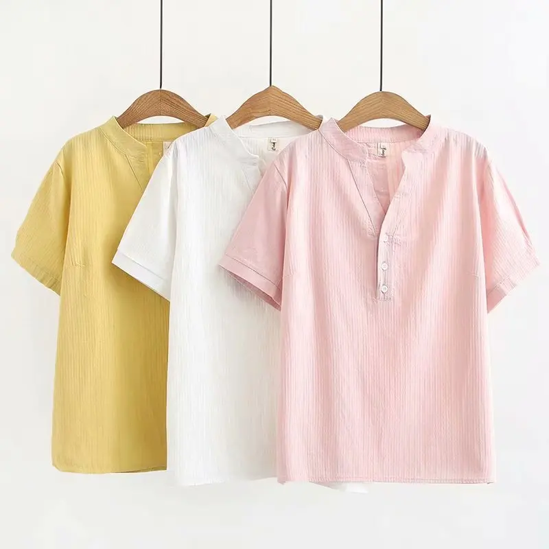 

New 2021 summer plus size tops for women large blouse short sleeve casual loose cotton button V neck shirt pink 3XL 4XL 5XL 6XL