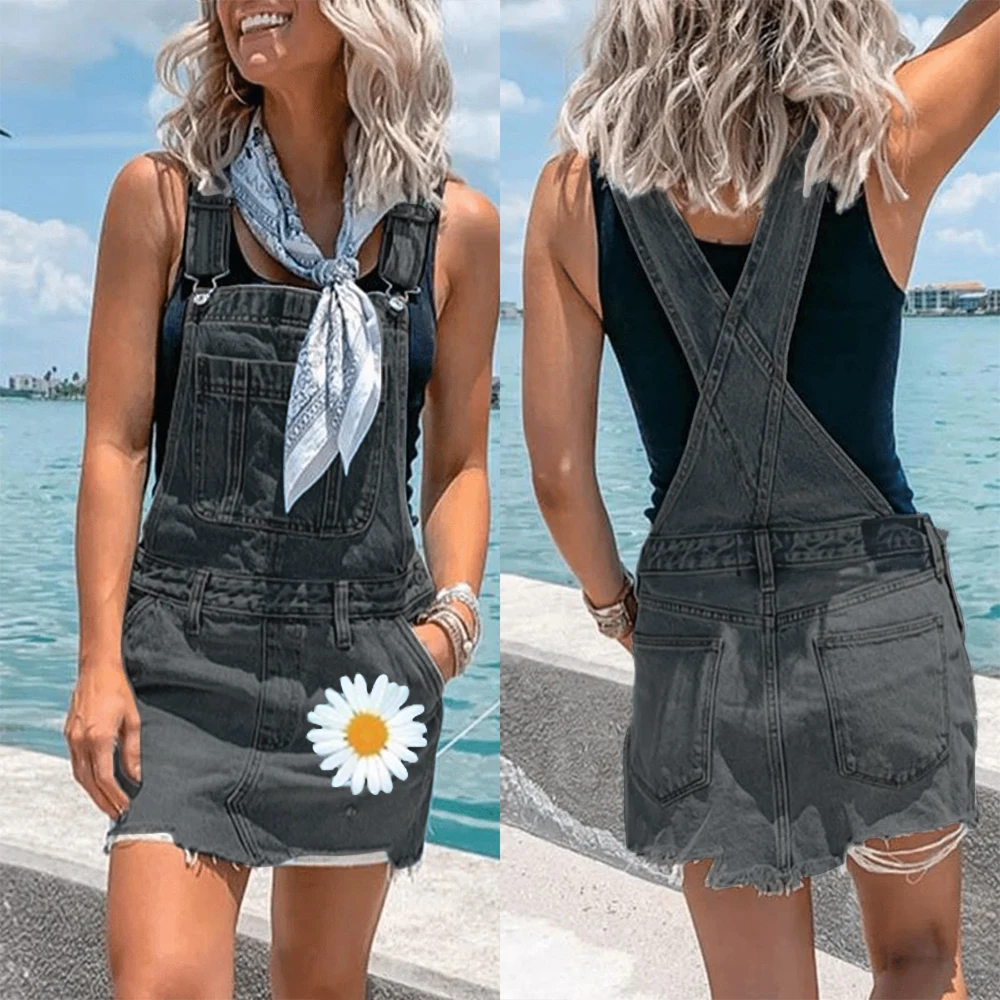 

Daisy Print Short Jumpsuit Women Flower Jeans Overalls Denim Short Romper Casual Floral Playsuit with Pocket 2020 Summer