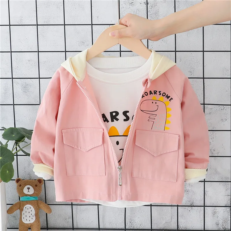Pink Dinosaur Осенняя модная куртка на молнии с капюшоном и длинными рукавами для маленьких девочек; Детские плащи; повседневные кардиганы; Верхняя одежда для мальчиков; casaco - Цвет: Pink Dinosaur