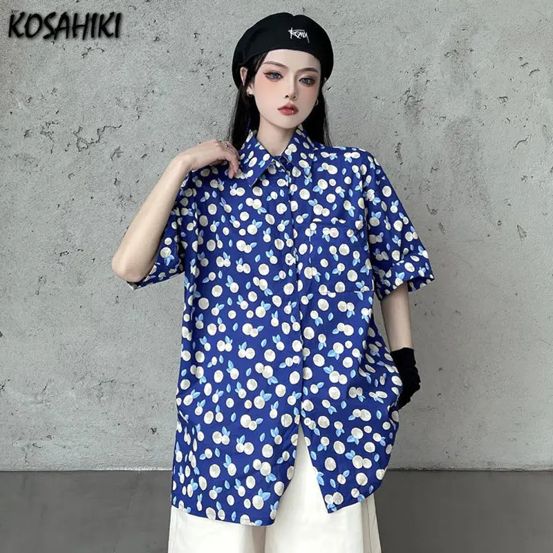 

KOSAHIKI Harajuku с принтом, рубашки и блузы для женщин с коротким рукавом лето 2021 повседневные синие Blusas уличная футболка в стиле «хип-хоп» топ