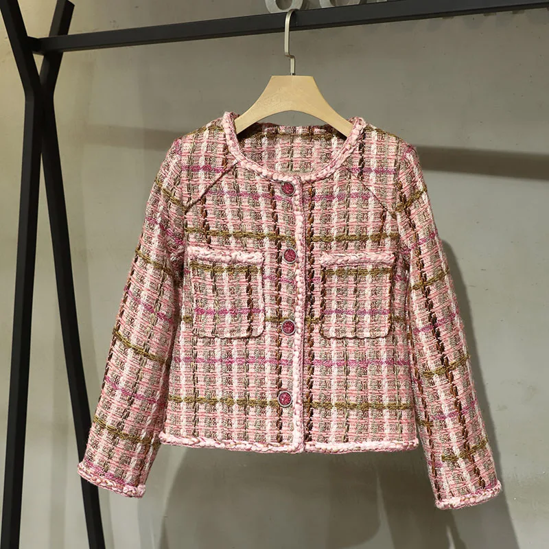 

Женская твидовая куртка в клетку, розовое клетчатое пальто, верхняя одежда, осень 2021