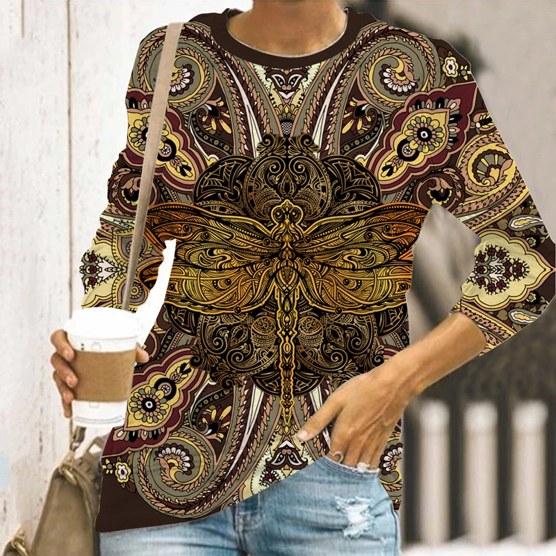 

2021 Elegant Lady Round Neck Clothes Women Fashion Casual Loose Long Sleeve Female Texture Pattern Printing Tops