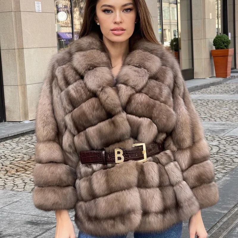 Sable Color Natural Fox Fur Coats Women Witner Belt Lapel Strip Sewed Tight Waist Outertwear Genuine Real Fur Jacket Female enlarge