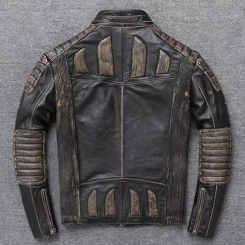

Vintage Genuine Leather Jacket Men's Large Size Classic Motorcycle Biker Thick Cowhide Black Coat Free Fast Shipping