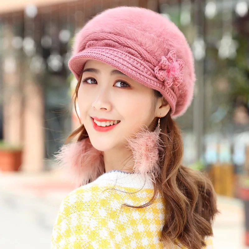 

Women Winter Cute Solid Wool Acrylic Knitted Warm Hats Female Warmer Rabbit Hair Flower Breathable Knit Baseball cap Brim K15
