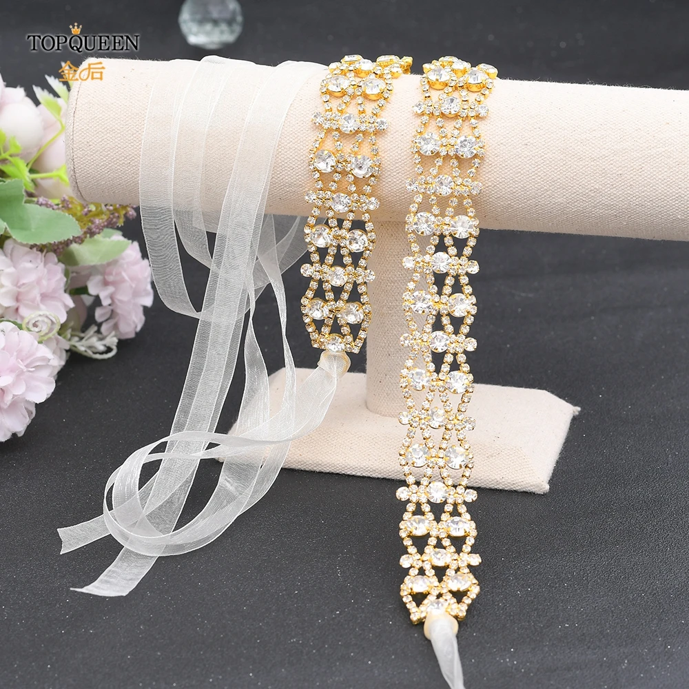 

TOPQUEEN S414-G Bridal Belt Jeweled Belt Crystal Gold Trim Sparkly Belts for Formal Dress Bridesmaid Belt Evening Party Belt