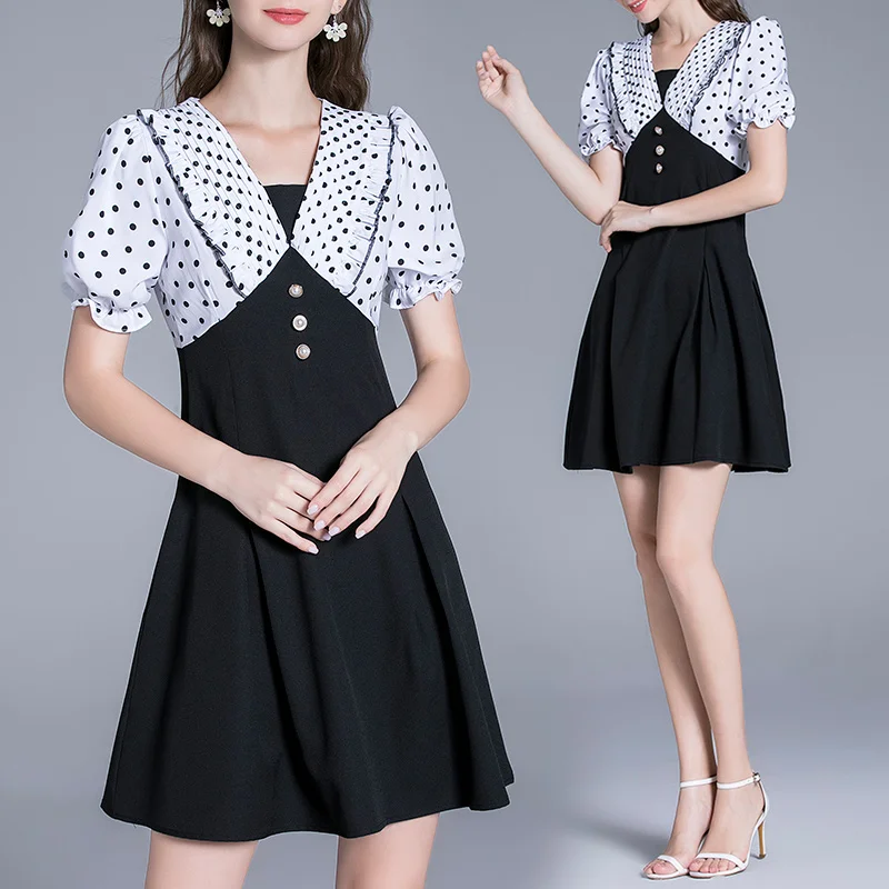 

Simgent Elegant Dress Women Summer Lantern Sleeve Dot Print Patchwork V-Neck A Line Buttons Mini Dresses Robe Femme SG16264
