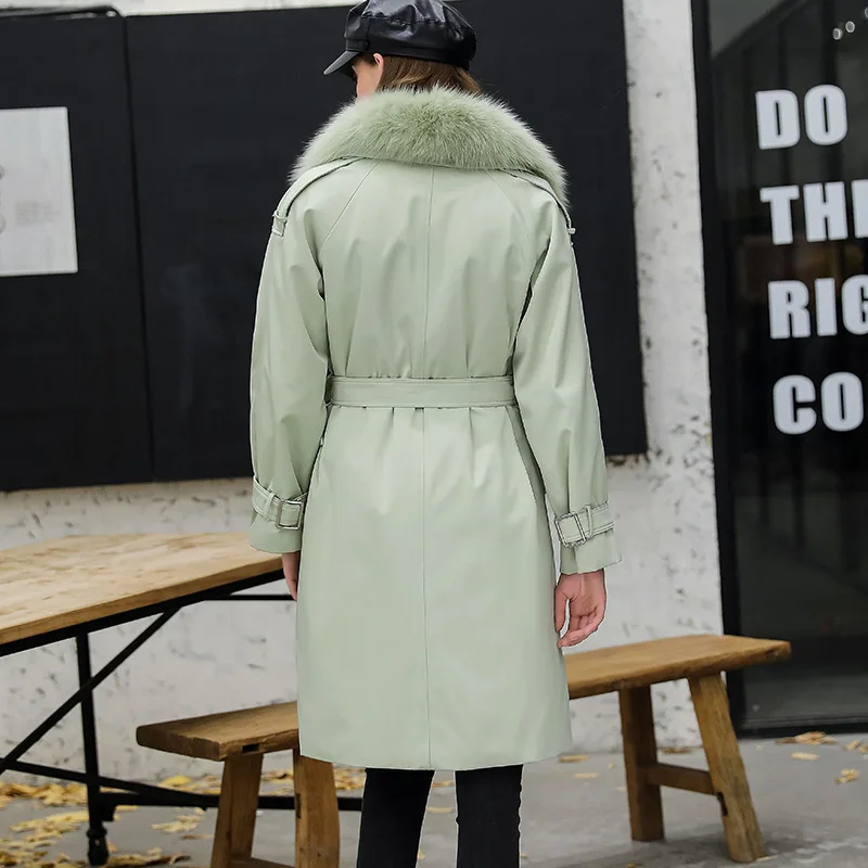 Fashion Winter Women Real Fur Coat Rex Rabbit Fur Liner Fox Hair Turn-down Collar Detachable Warm Mid-Length Parkas Office Lady